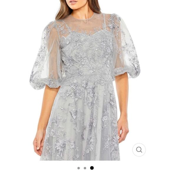 NEW Mac Duggal women’s embroidered illusion high neck puff sleeve dress size 16 - Picture 4 of 14
